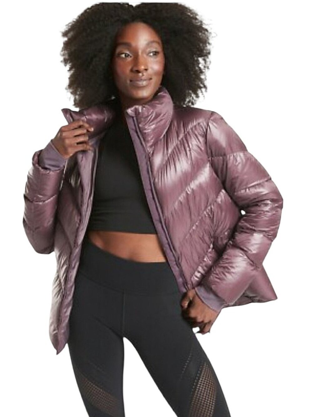 Athleta Lofty Down Chevron Quilted Puffer Jacket Coat Purple Warm/Athleisure XS
